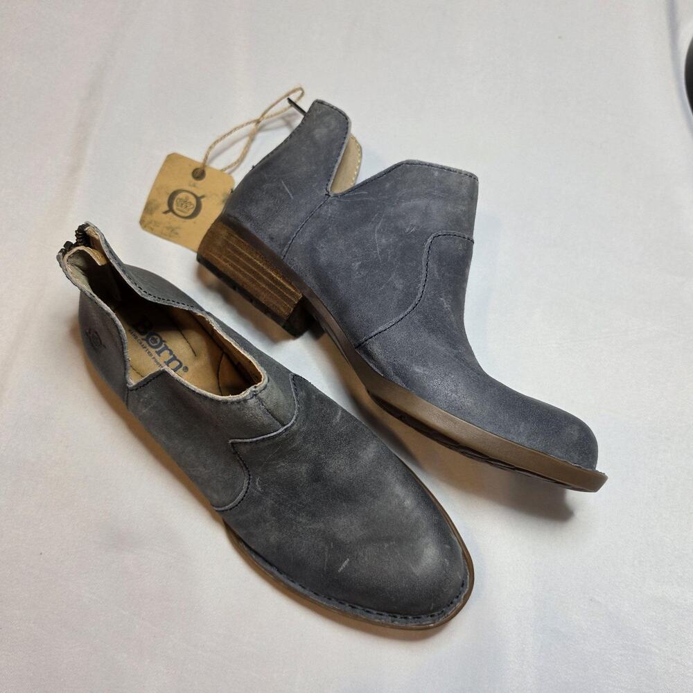Born Boots Womens Size 6.5 Blue Leather Ankle Zip Block Heel Booties BR0012074